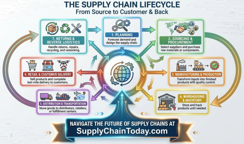 Жизненный цикл цепочки поставок: от источника к потребителю и обратно.